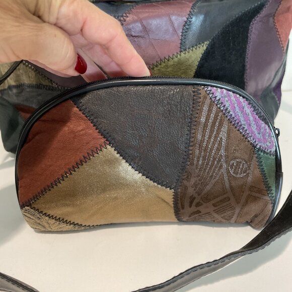 VTG Michael Stevens Leather Patchwork Shoulder Bag w/ Matching Makeup Bag NEW - Picture 3 of 16